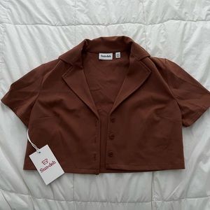 Aritzia Sun-deh Brown Collar Crop Top, Size XXS